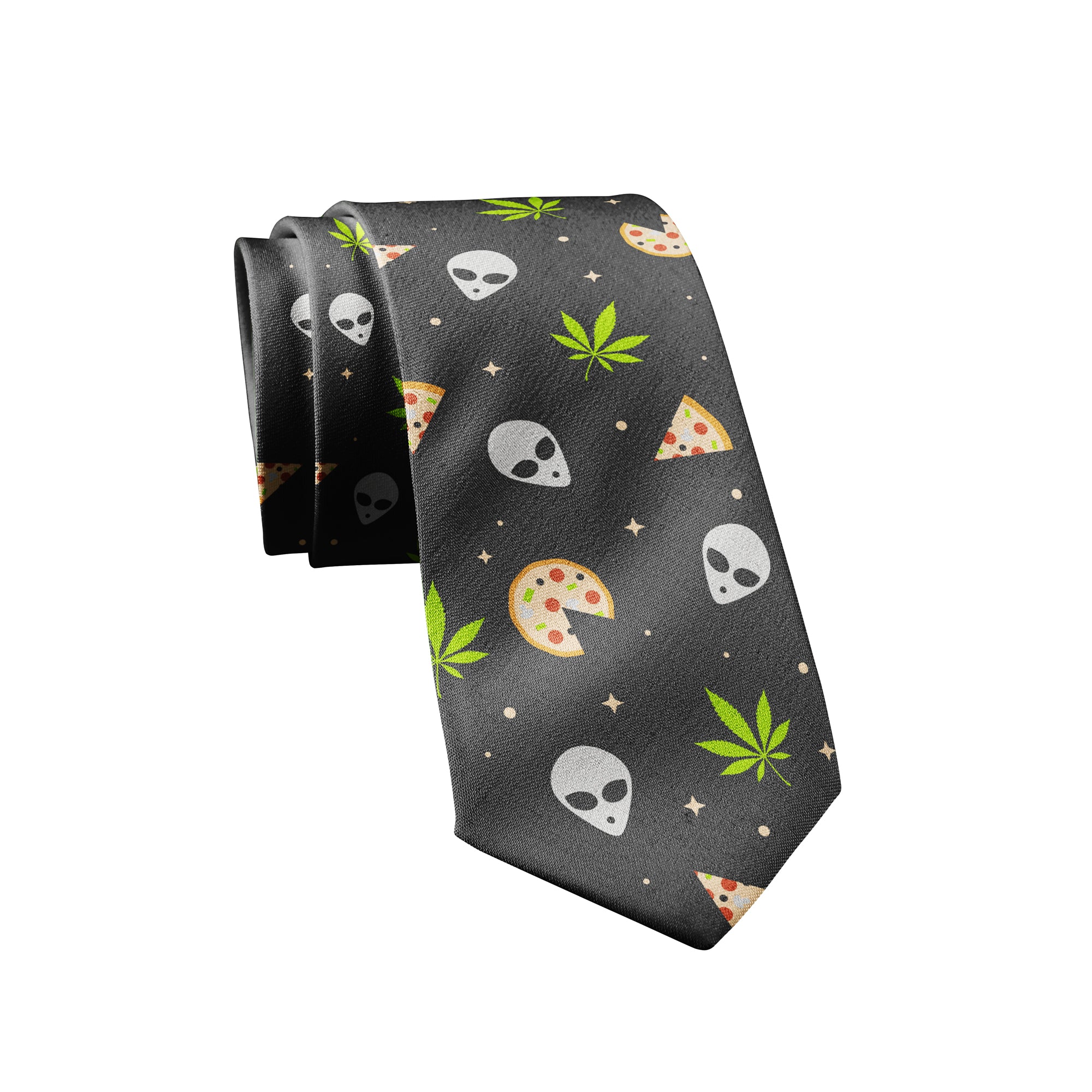 Funny Black Alien Weed Pizza Neck Tie Nerdy 420 Space Food Tee