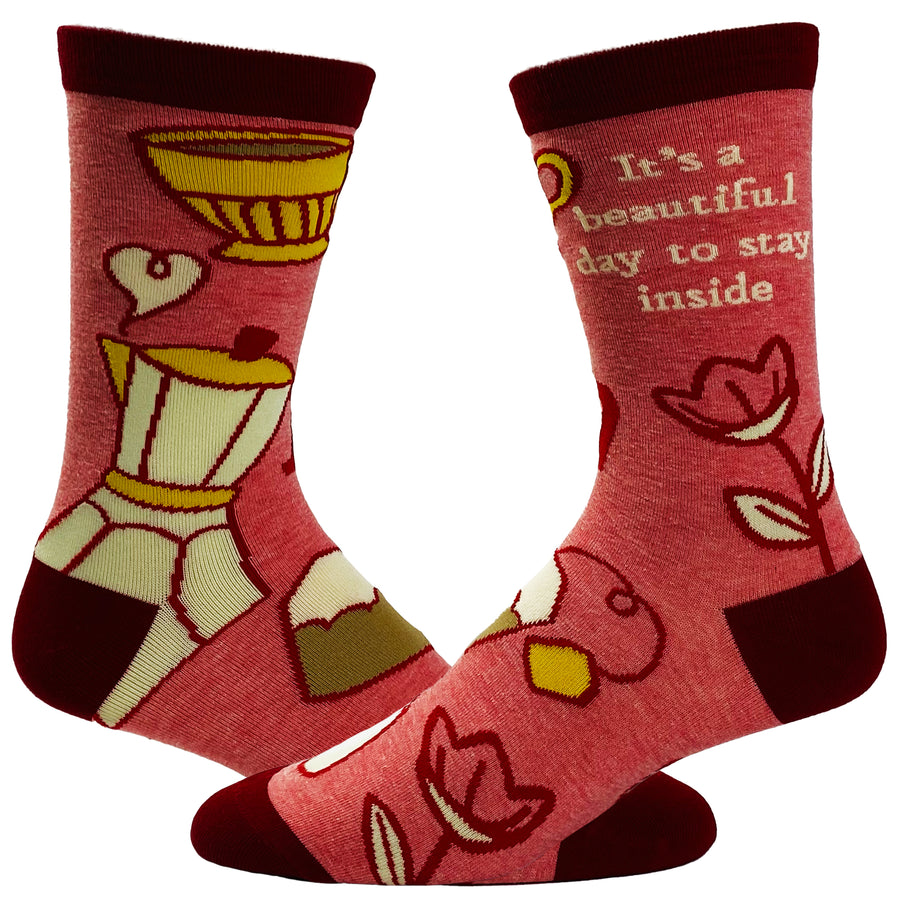 Funny Pink Women's It's A Beautiful Day To Stay Inside Sock Nerdy Coffee Introvert Tee