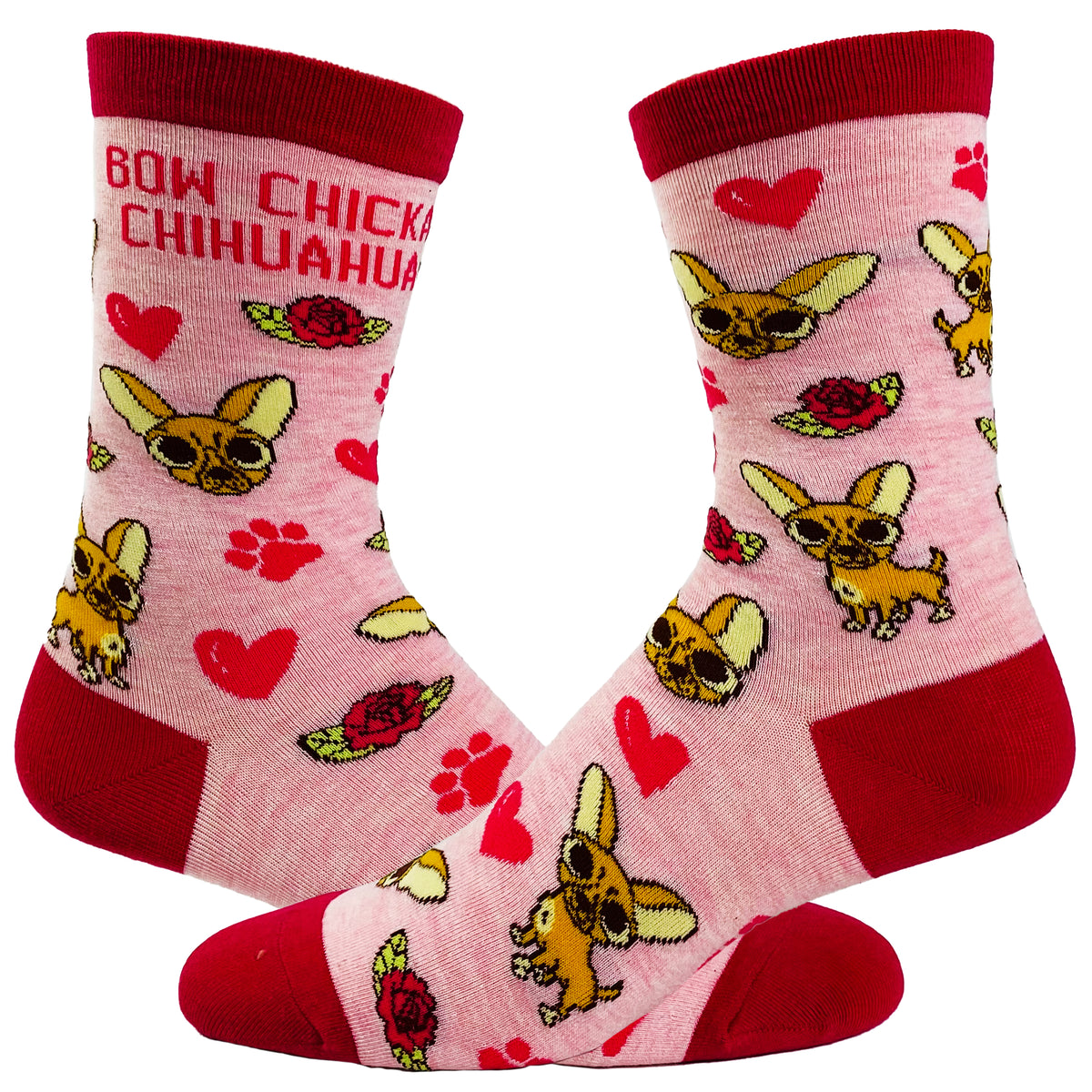 Funny Pink Women&#39;s Bow Chicka Chihuahua Sock Nerdy Valentine&#39;s Day Dog Tee