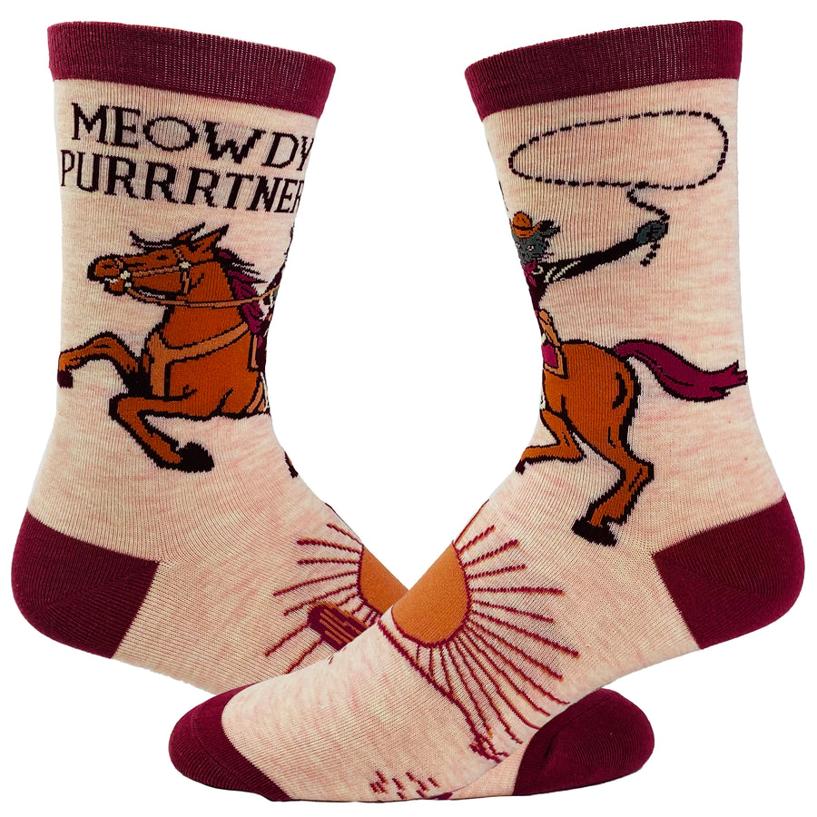 Funny Meowdy Purrtner Women's Meowdy Purrtner Sock Nerdy Cat Tee