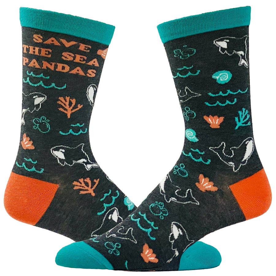 Funny Green Women's Save The Sea Pandas Sock Nerdy Animal Earth Tee