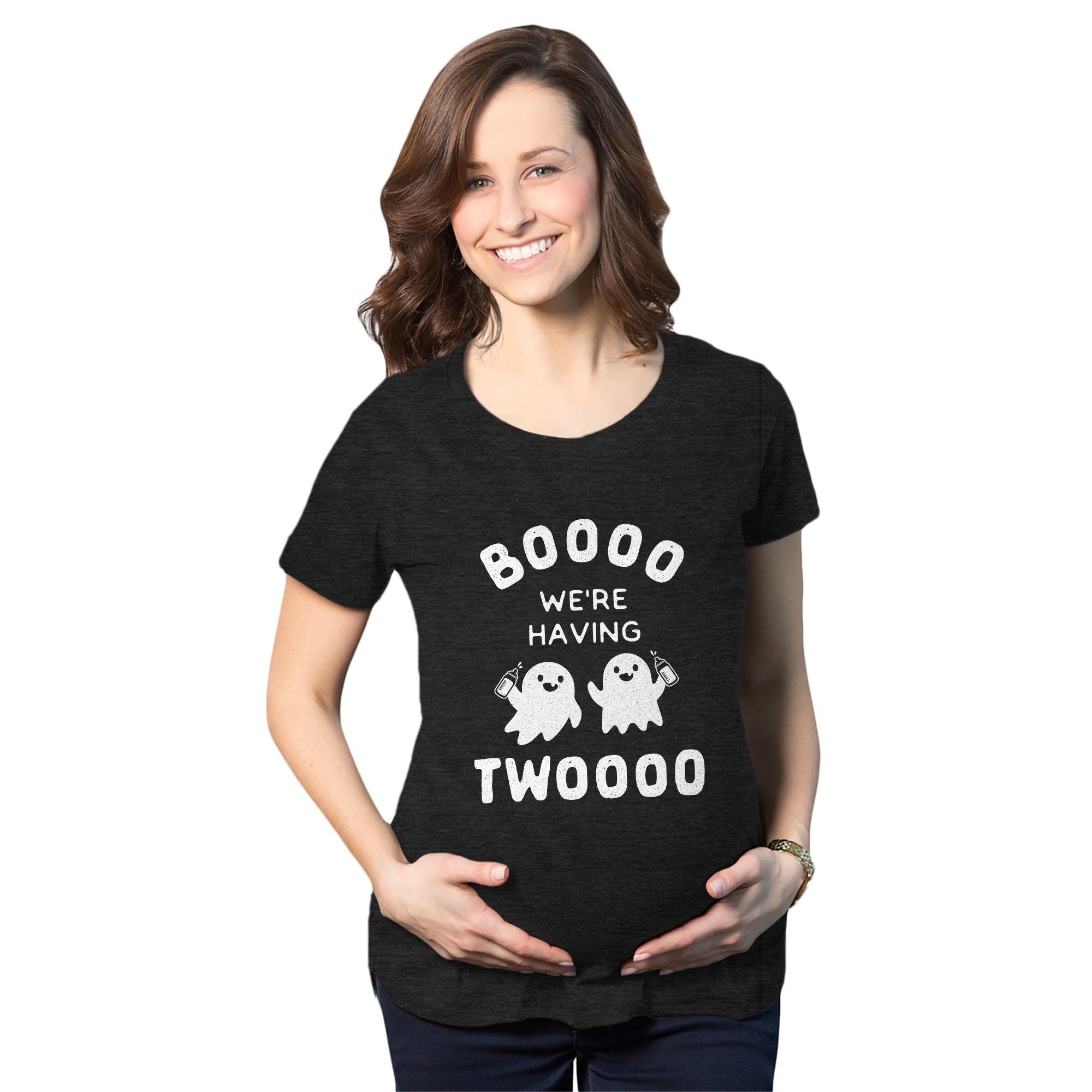 Funny Heather Black Booo We're Having Twooo Maternity T Shirt Nerdy Halloween Tee