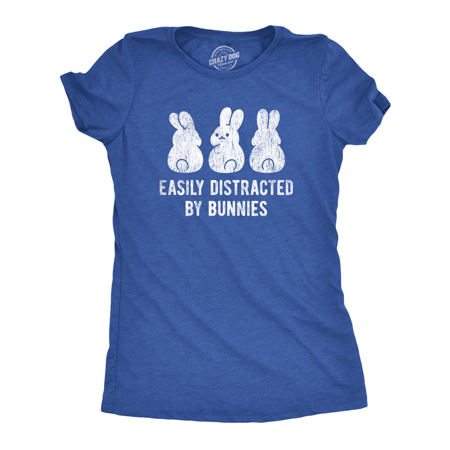 Funny Heather Royal Easily Distracted By Bunnies Womens T Shirt Nerdy Easter Animal Tee