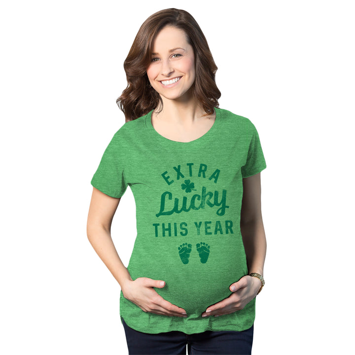 Funny Heather Green Extra Lucky This Year Maternity T Shirt Nerdy Saint Patrick's Day Tee
