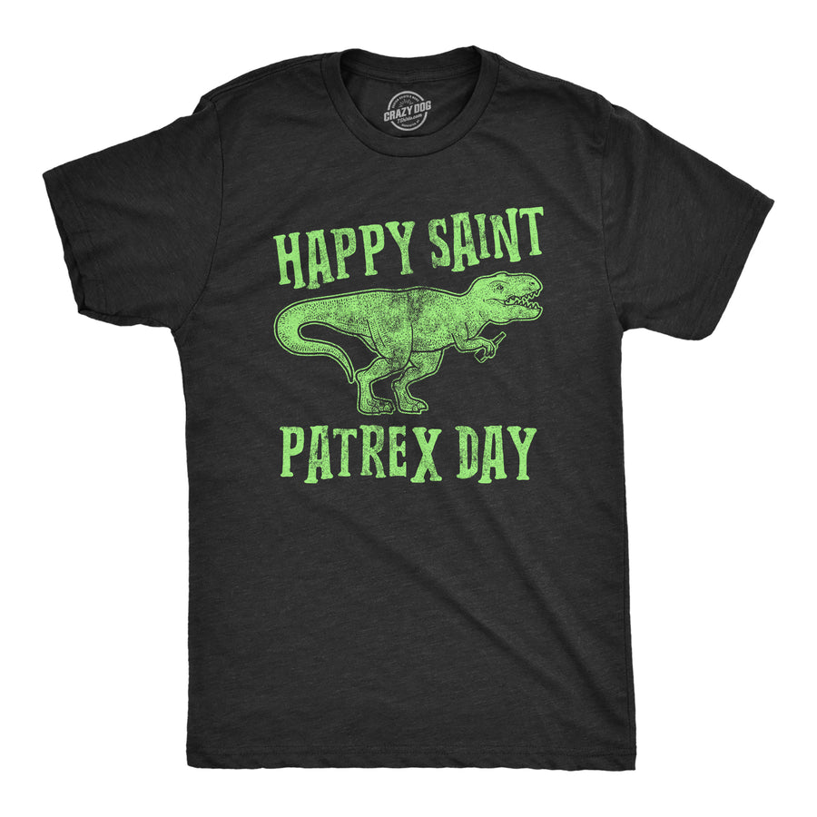 Funny Heather Black Happy Saint Patrex Day Mens T Shirt Nerdy Saint Patrick's Day Dinosaur Tee