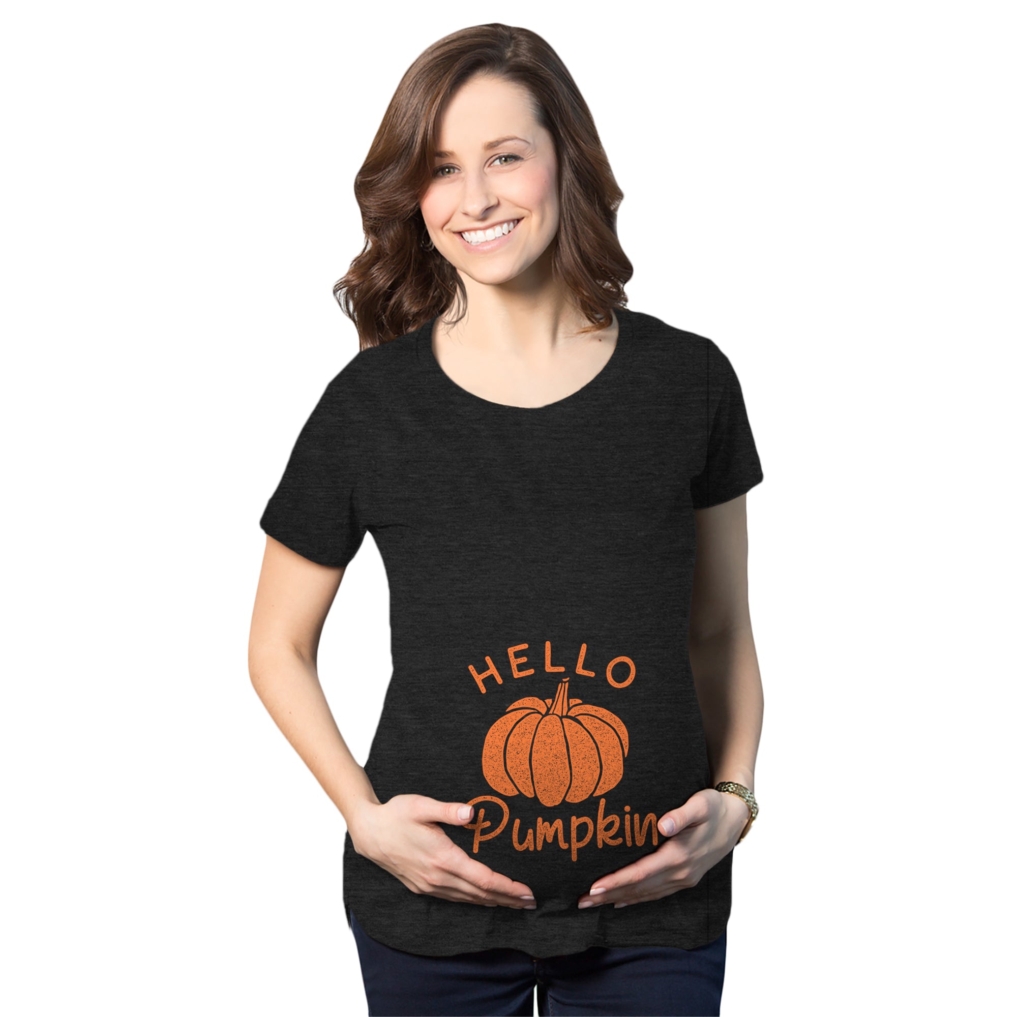 Funny Heather Black Hello Pumpkin Maternity T Shirt Nerdy Halloween Tee
