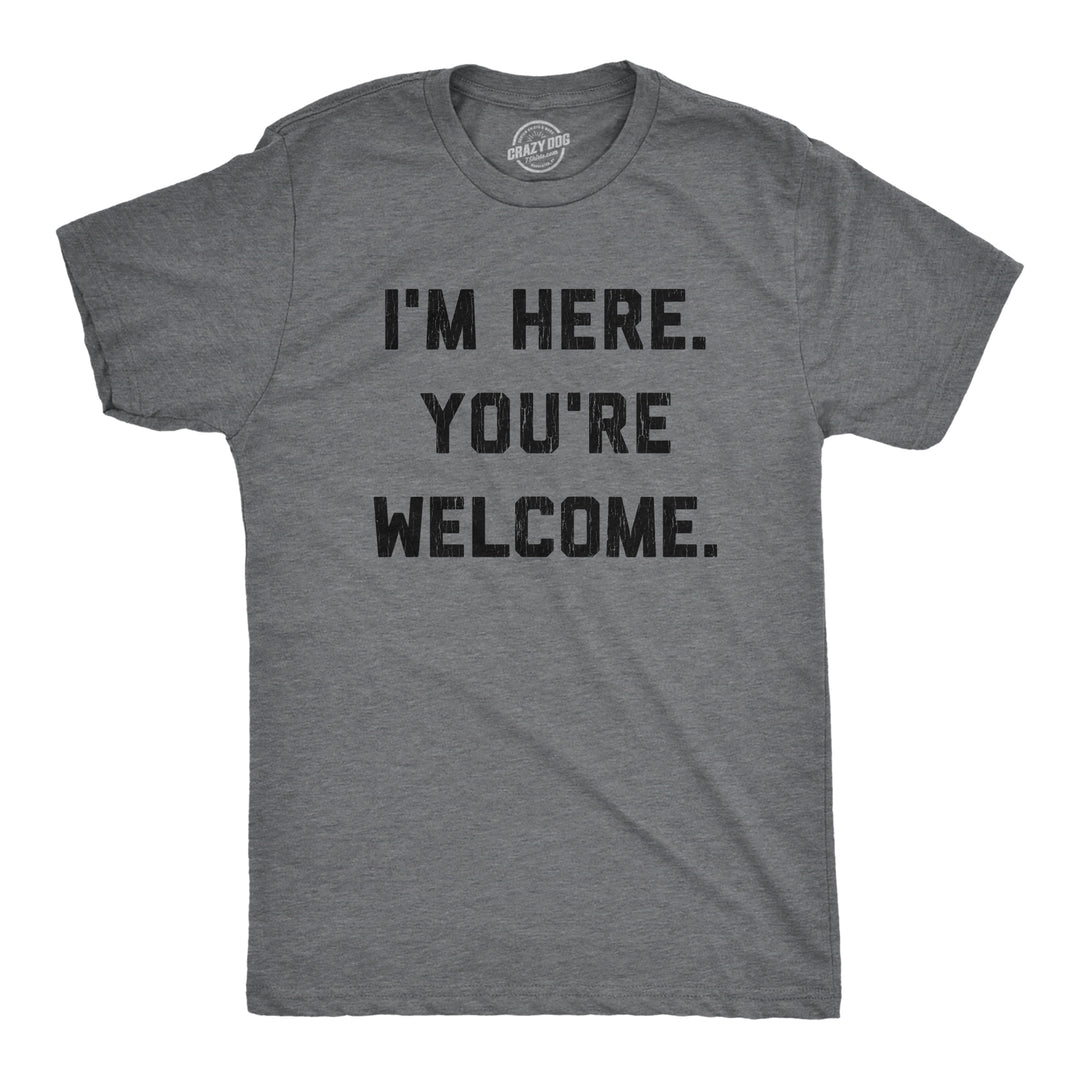 Funny Dark Heather Grey - Here Welcome I'm Here. You're Welcome. Mens T Shirt Nerdy Introvert Tee