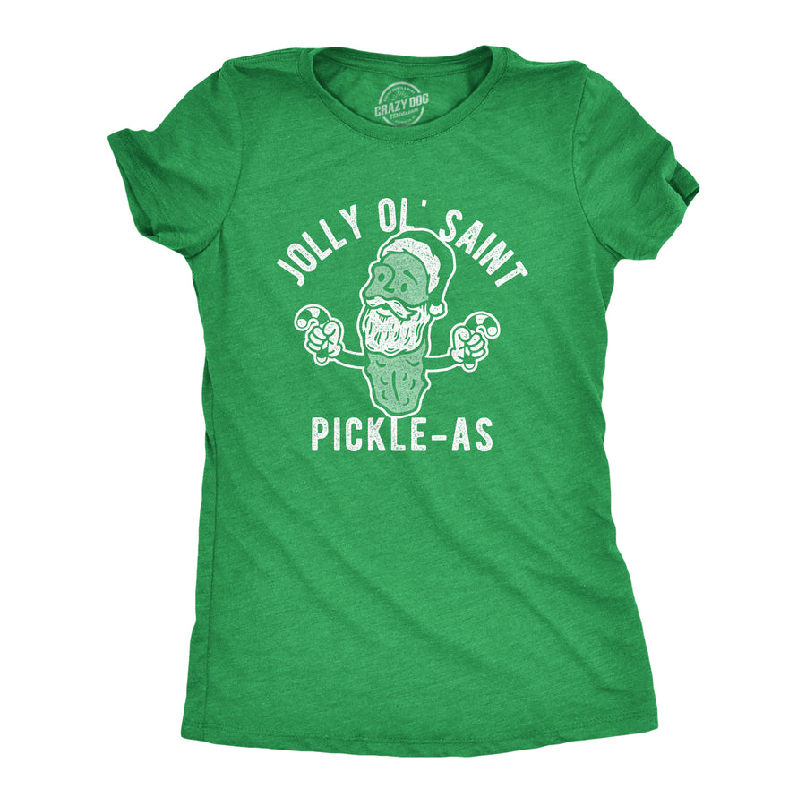 Funny Heather Green Jolly Ol Saint Pickle-as Womens T Shirt Nerdy Christmas Food Tee