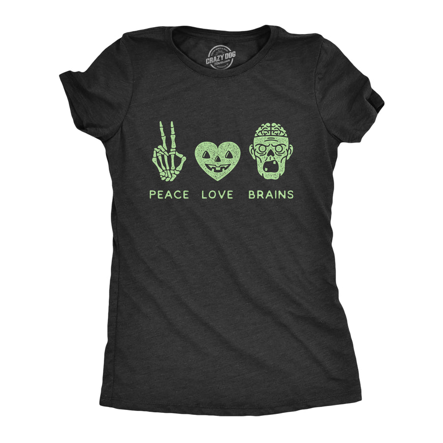 Funny Heather Black Peace Love Brains Womens T Shirt Nerdy Halloween Tee