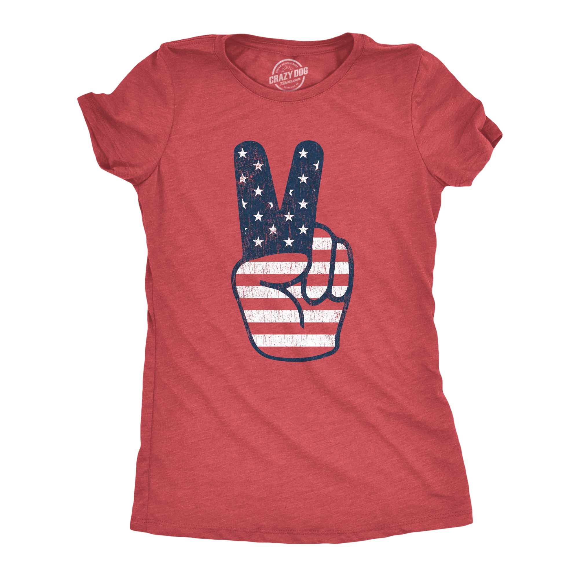 Funny Heather Red Peace Sign American Flag Womens T Shirt Nerdy Fourth Of July Tee