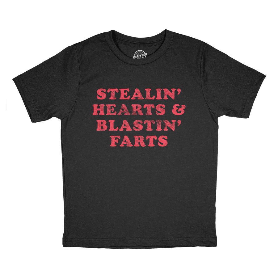 Funny Heather Black Stealin' Hearts And Blastin' Farts Youth T Shirt Nerdy Valentine's Day Toilet Tee