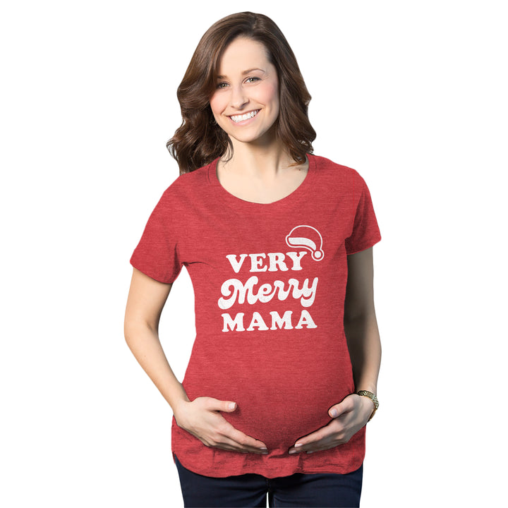 Funny Heather Red Very Merry Mama Maternity T Shirt Nerdy Christmas Tee