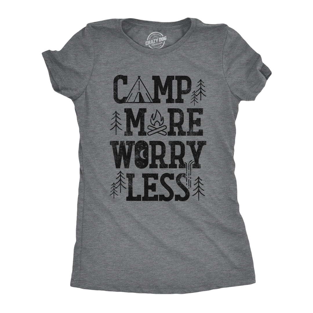 Funny Dark Heather Grey Camp More Worry Less Womens T Shirt Nerdy Camping Retro Tee