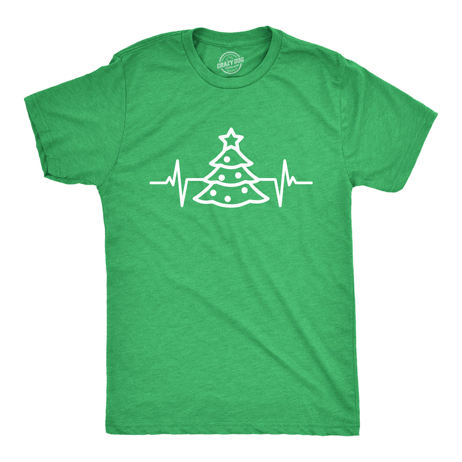 Funny Heather Green Christmas Tree Heart Beat Mens T Shirt Nerdy Christmas Tee