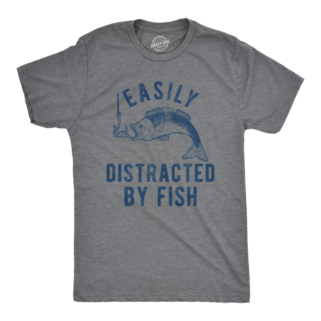 Funny Dark Heather Grey Easily Distracted By Fish Mens T Shirt Nerdy Fishing Sarcastic Tee