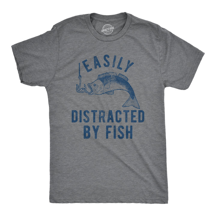 Funny Dark Heather Grey Easily Distracted By Fish Mens T Shirt Nerdy Fishing Sarcastic Tee
