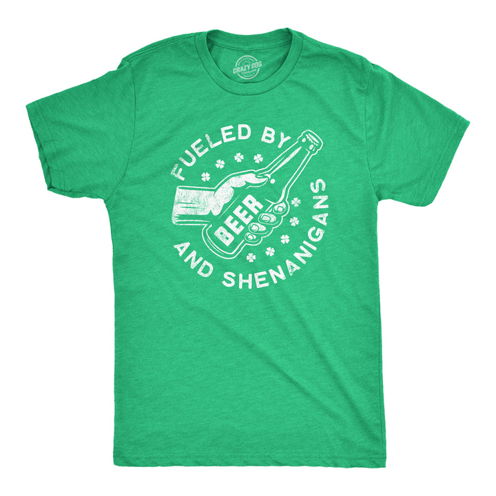 Funny Heather Green Fueled By Beer And Shenanigans Mens T Shirt Nerdy Saint Patrick's Day Drinking Beer Tee