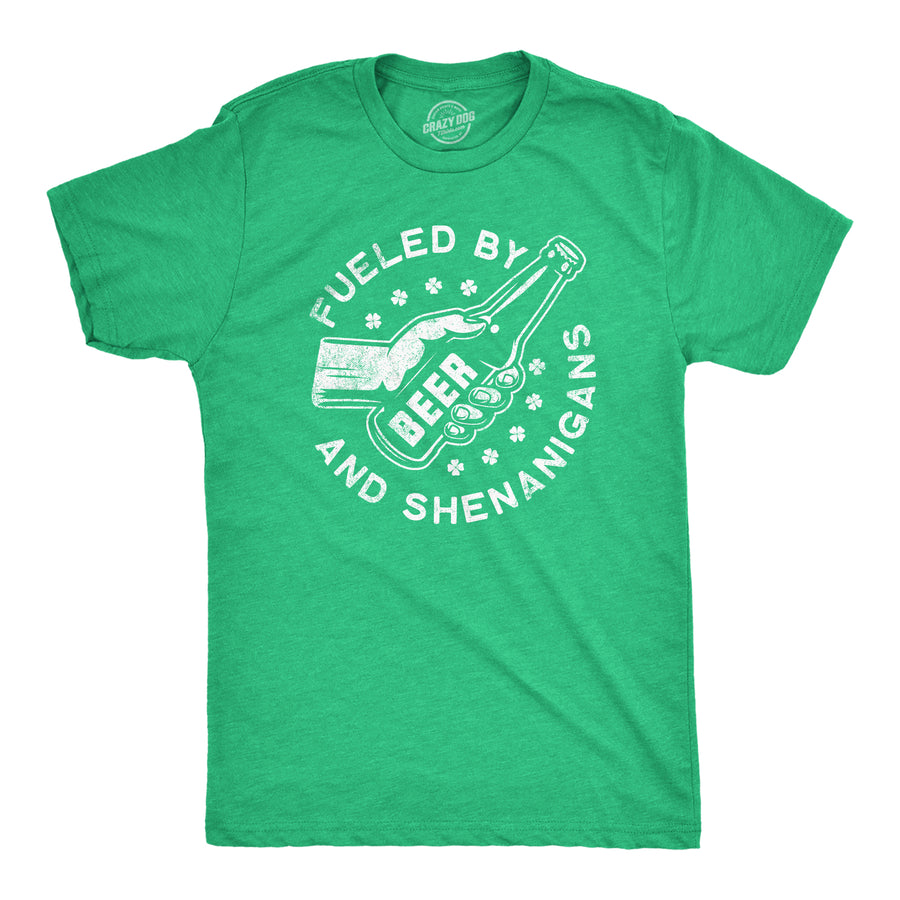 Funny Heather Green Fueled By Beer And Shenanigans Mens T Shirt Nerdy Saint Patrick's Day Drinking Beer Tee