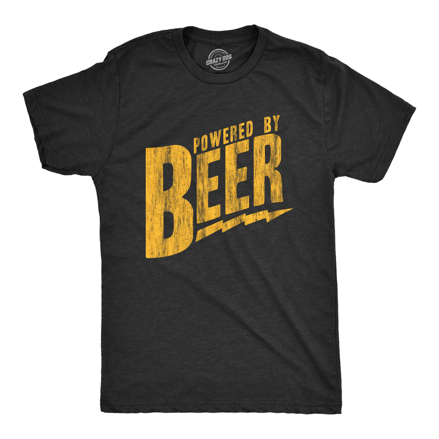 Funny Heather Black Powered By Beer Mens T Shirt Nerdy Beer Drinking Sarcastic Tee
