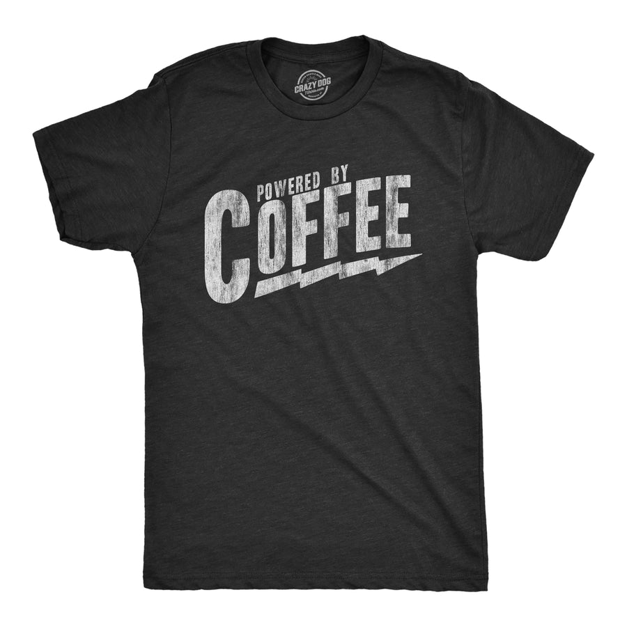 Funny Heather Black Powered By Coffee Mens T Shirt Nerdy Coffee Sarcastic Tee