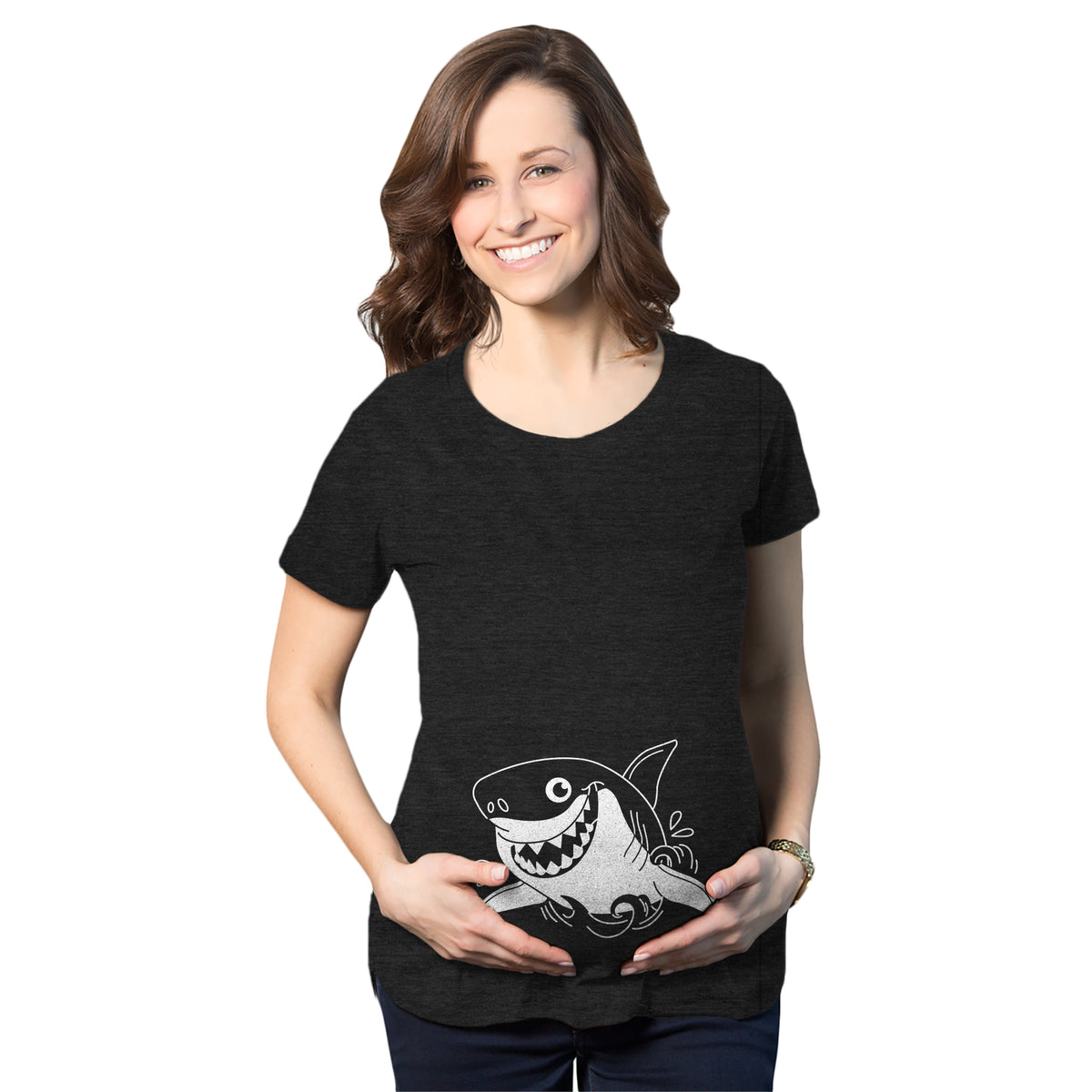 Funny Heather Black Smiling Shark Maternity T Shirt Nerdy Shark Week Animal Tee