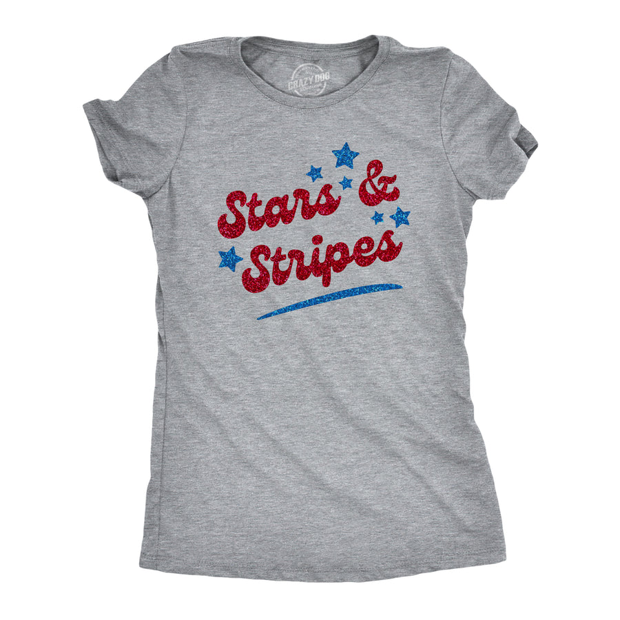 Funny Light Heather Grey Stars And Stripes Glitter Womens T Shirt Nerdy Fourth of July Tee