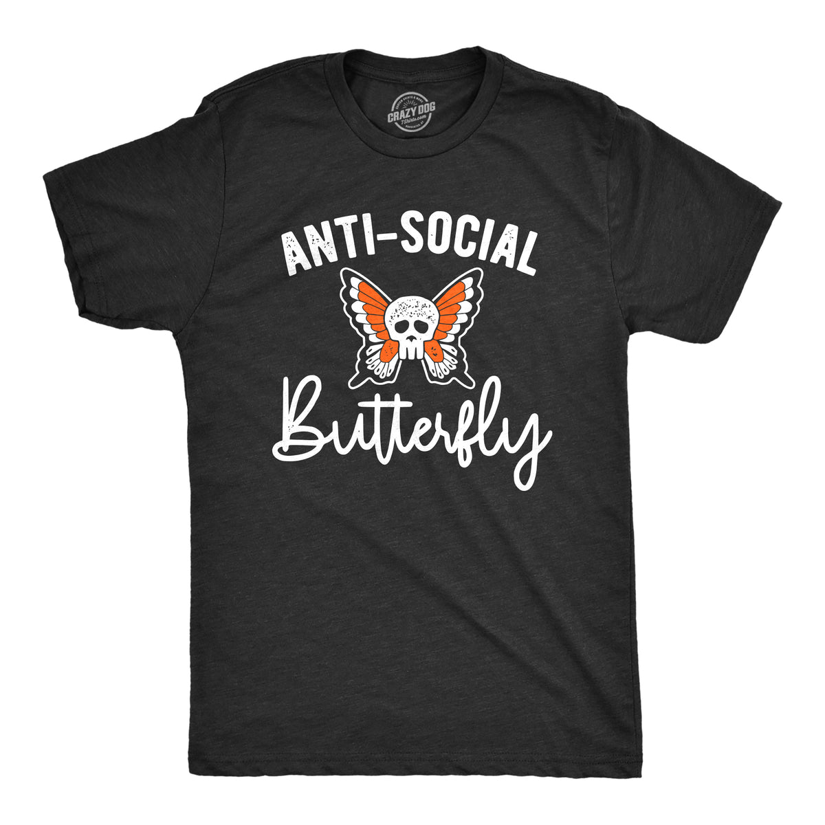 Funny Heather Black Anti Social Butterfly Mens T Shirt Nerdy Introvert Sarcastic Tee
