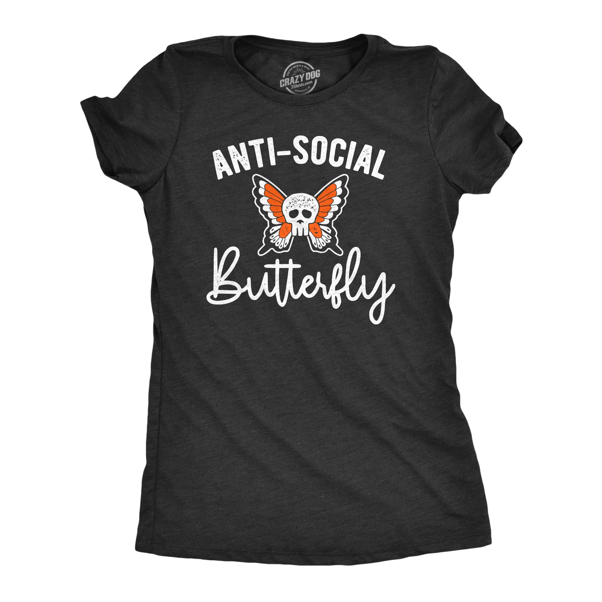 Funny Heather Black - Tan Text Anti-Social Butterfly Womens T Shirt Nerdy Introvert Animal Tee
