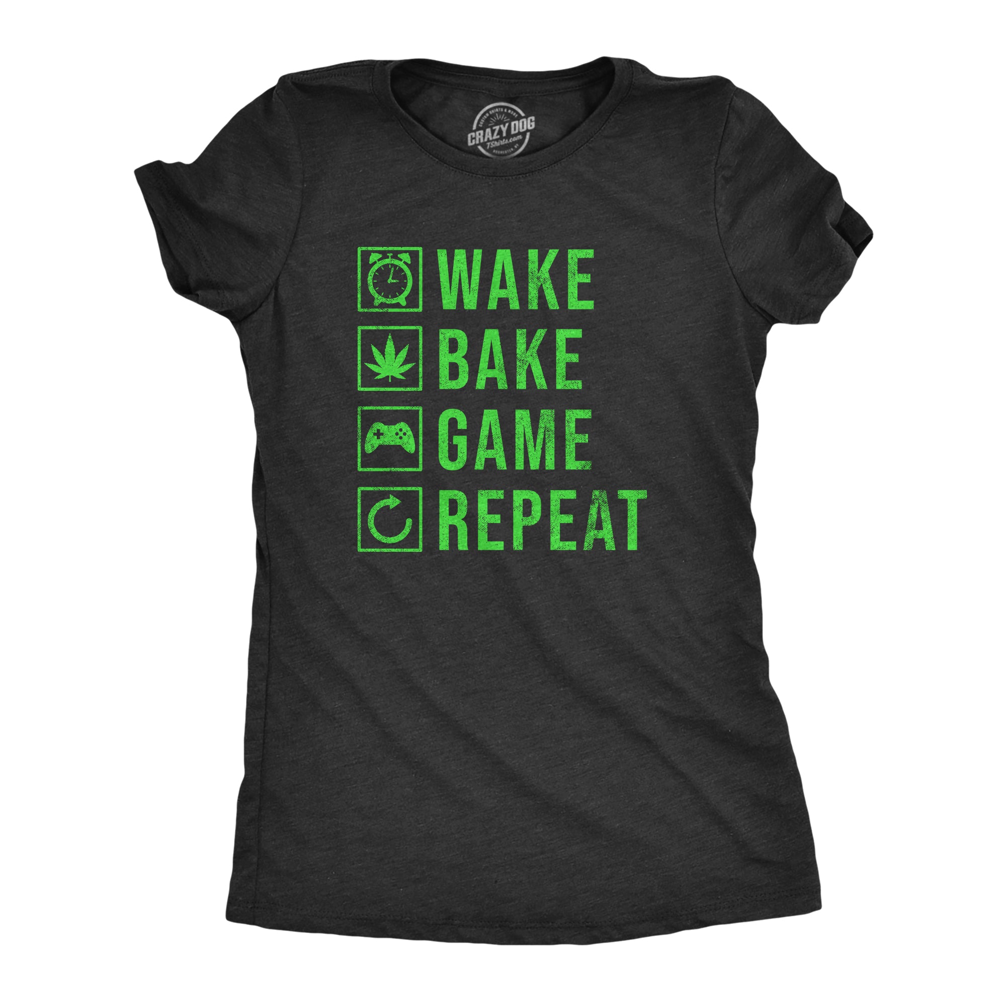 Funny Heather Black - REPEAT Wake Bake Game Repeat Womens T Shirt Nerdy 420 Video Games Tee