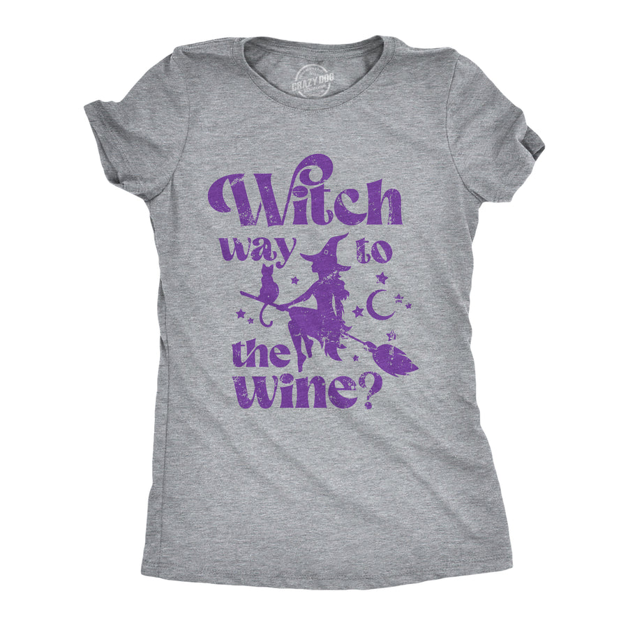 Funny Light Heather Grey - Which Way Wine Witch Way To The Wine Womens T Shirt Nerdy Halloween Wine Tee