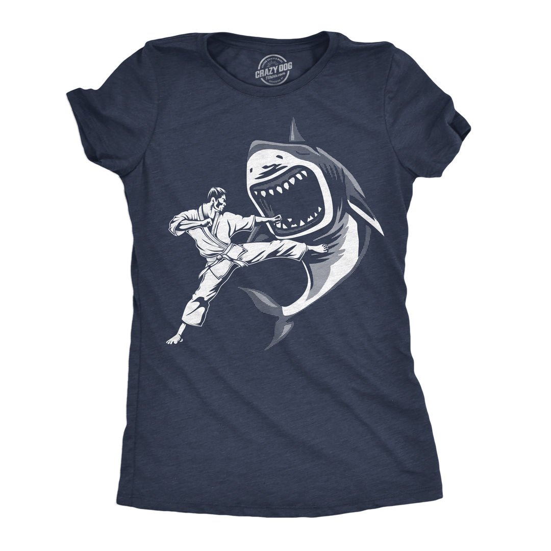 Funny Heather Navy - Karate Kicked Shark Karate Kicked Shark Womens T Shirt Nerdy animal sarcastic Tee