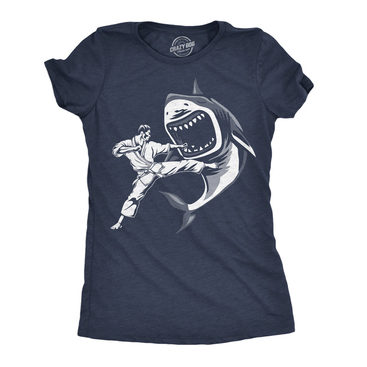 Funny Heather Navy - Karate Kicked Shark Karate Kicked Shark Womens T Shirt Nerdy animal sarcastic Tee
