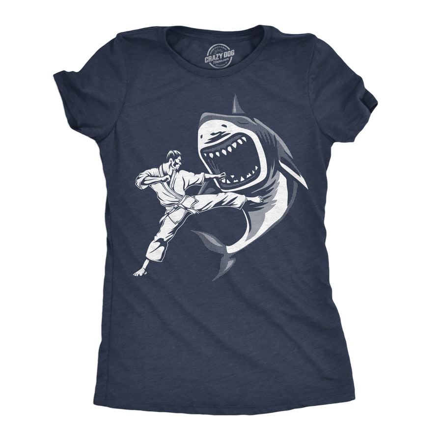 Funny Heather Navy - Karate Kicked Shark Karate Kicked Shark Womens T Shirt Nerdy animal sarcastic Tee