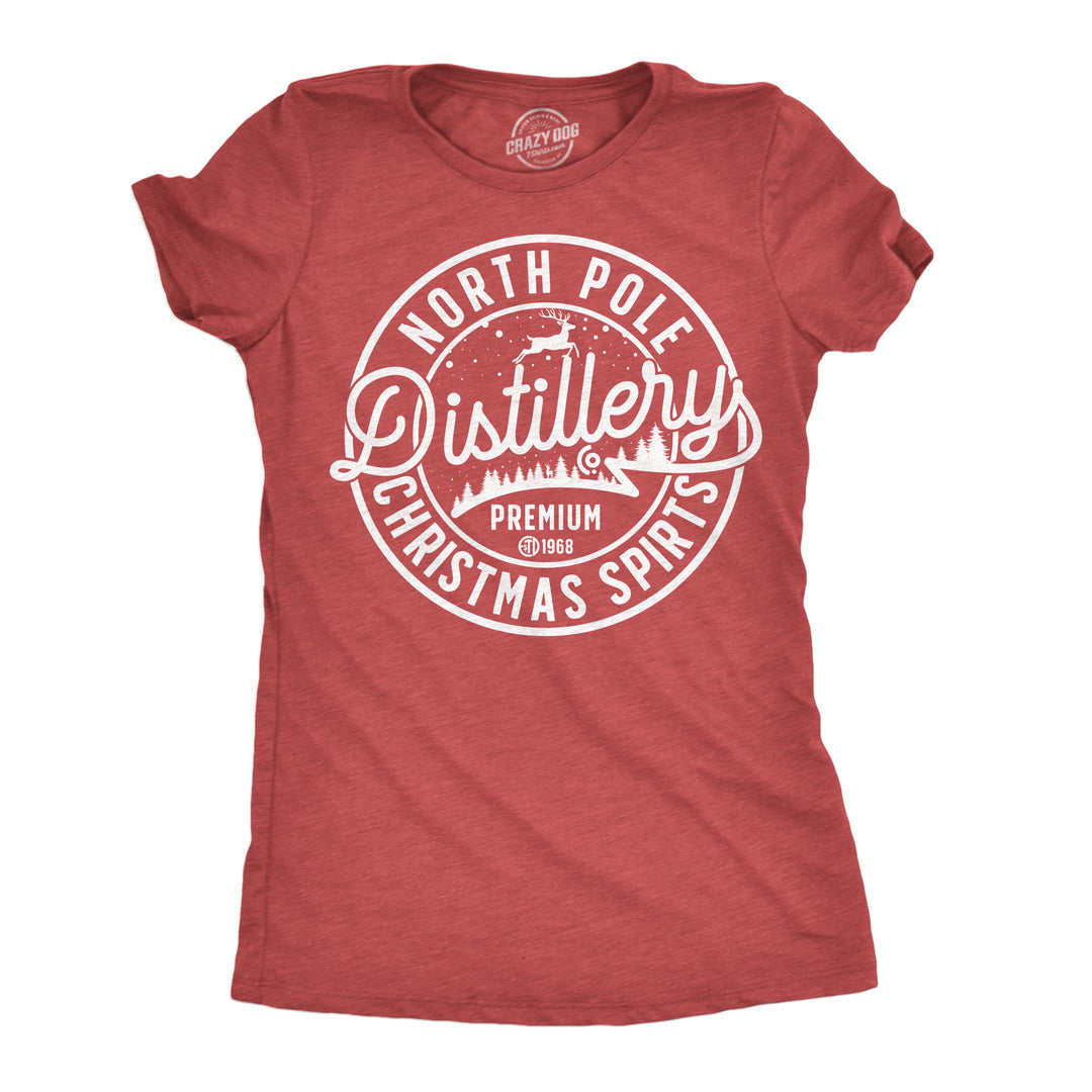 Funny Heather Red - North Pole Distillery North Pole Distillery Womens T Shirt Nerdy Christmas Drinking Tee