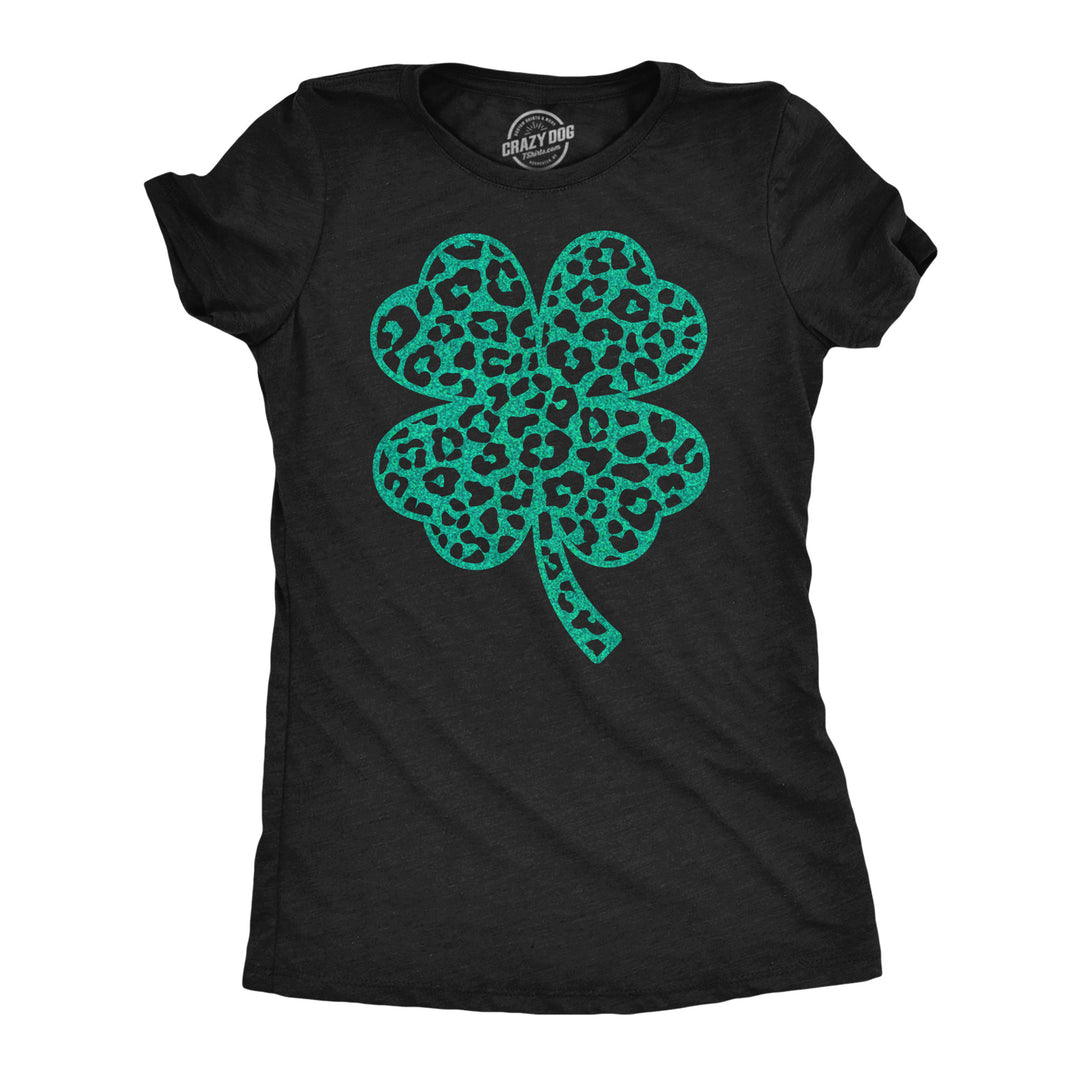 Funny Heather Black - Leopard Print Clover Leopord Print Clover Womens T Shirt Nerdy Saint Patrick's Day Tee