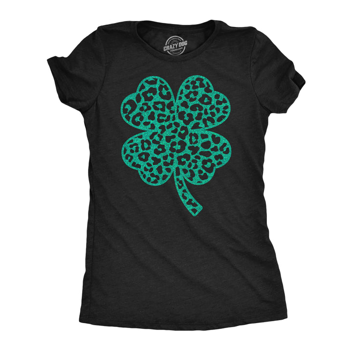 Funny Heather Black - Leopard Print Clover Leopord Print Clover Womens T Shirt Nerdy Saint Patrick's Day Tee