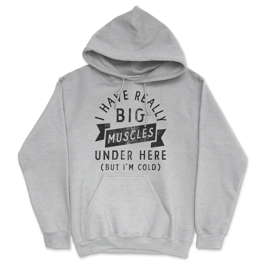 Funny Heather Grey I Have Really Big Muscles Under Here But Im Cold Hoodie Nerdy Fitness Tee