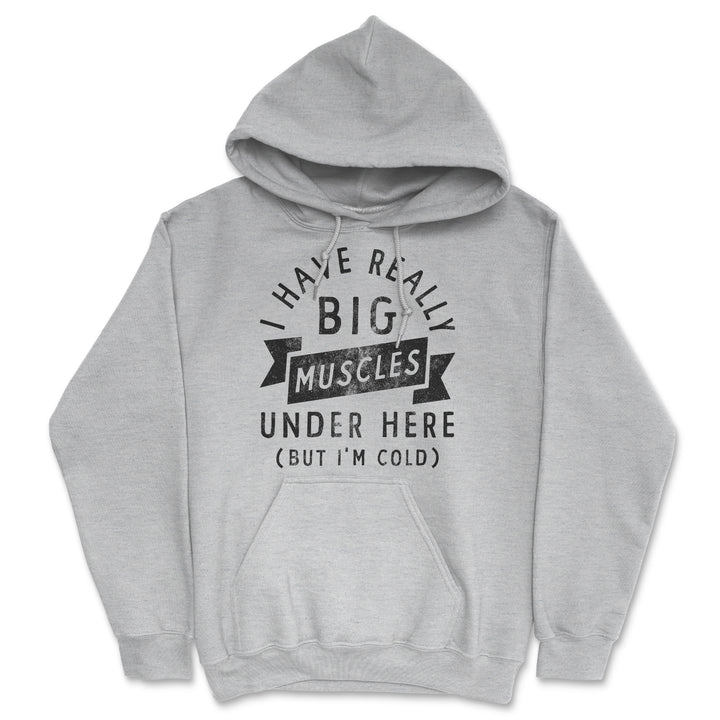 Funny Heather Grey I Have Really Big Muscles Under Here But Im Cold Hoodie Nerdy Fitness Tee