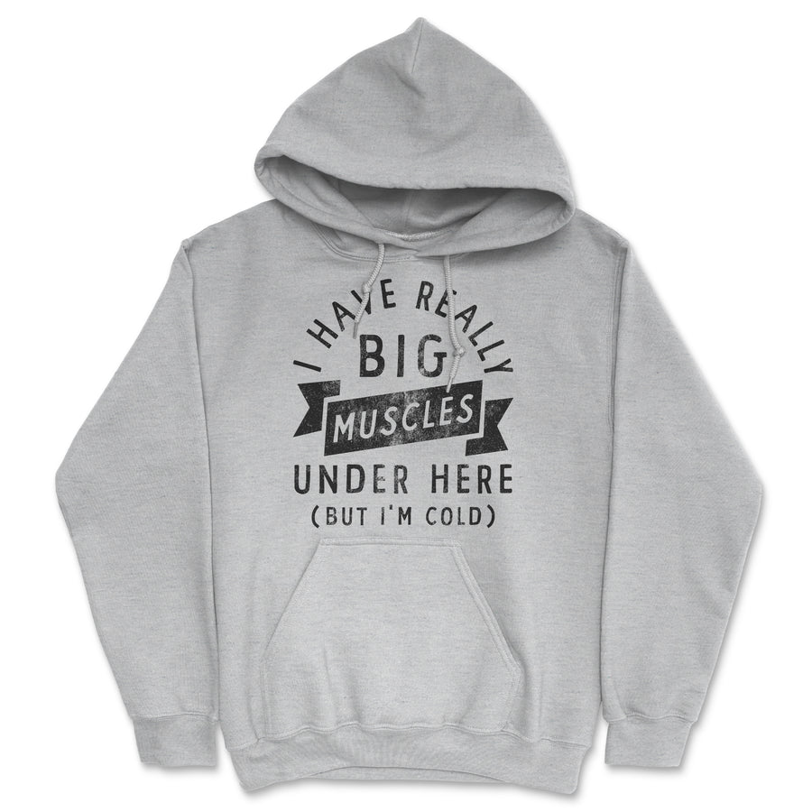 Funny Heather Grey I Have Really Big Muscles Under Here But Im Cold Hoodie Nerdy Fitness Tee