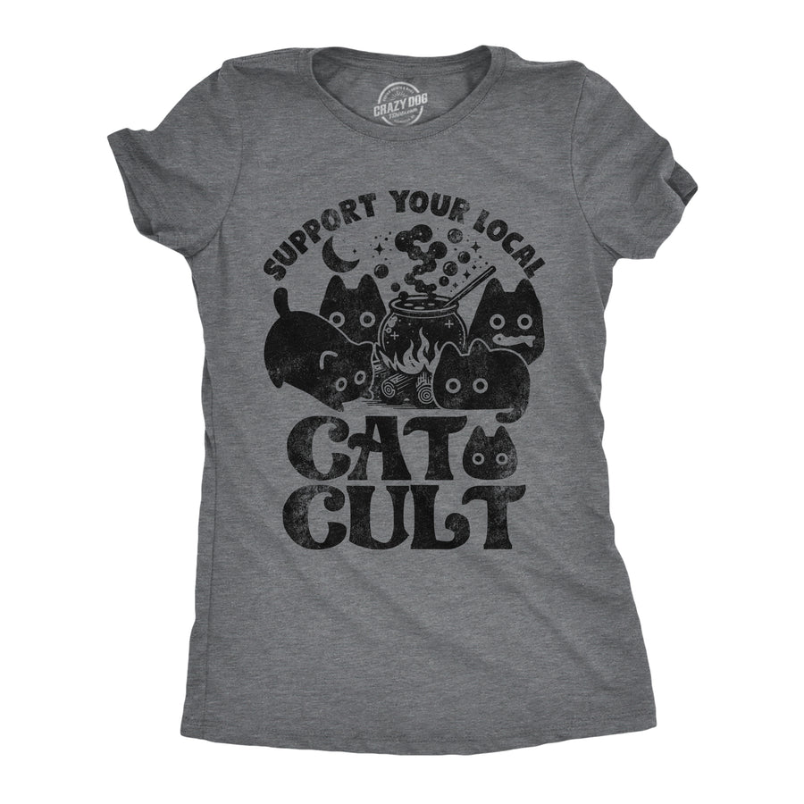 Funny Dark Heather Grey - Support Your Local Cat Cult Support Your Local Cat Cult Womens T Shirt Nerdy Halloween cat Tee