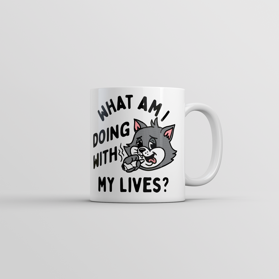 Funny White What Am I Doing With My Lives Coffee Mug Nerdy Cat sarcastic Tee
