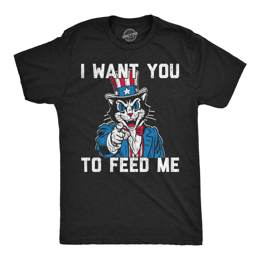 Funny Heather Black - Feed Me I Want You To Feed Me Mens T Shirt Nerdy Fourth Of July cat sarcastic Tee