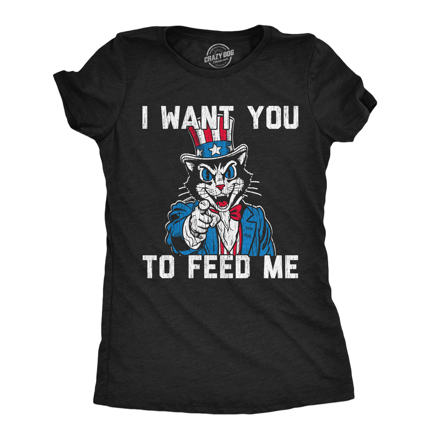 Funny Heather Black - Feed Me I Want You To Feed Me Womens T Shirt Nerdy Fourth Of July cat sarcastic Tee