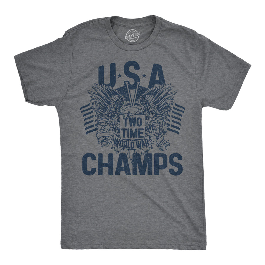 Funny Dark Heather Grey - Two Time Champs USA Two Time World War Champs Mens T Shirt Nerdy Fourth Of July sarcastic Tee