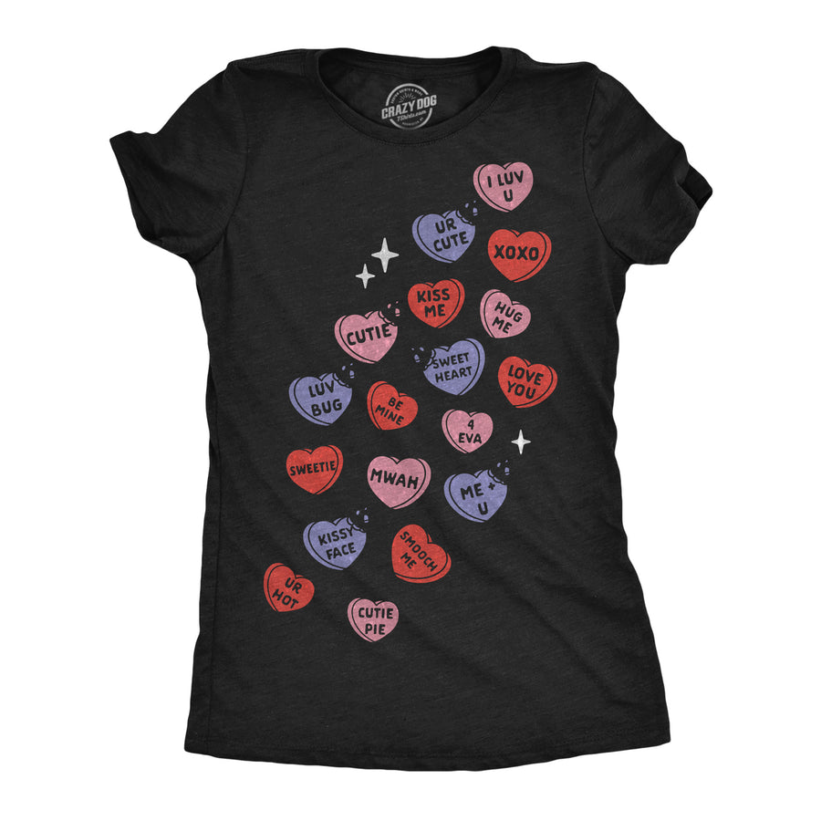 Funny Heather Black - Falling Candy Hearts Falling Glitter Candy Hearts Womens T Shirt Nerdy Valentine's Day Tee