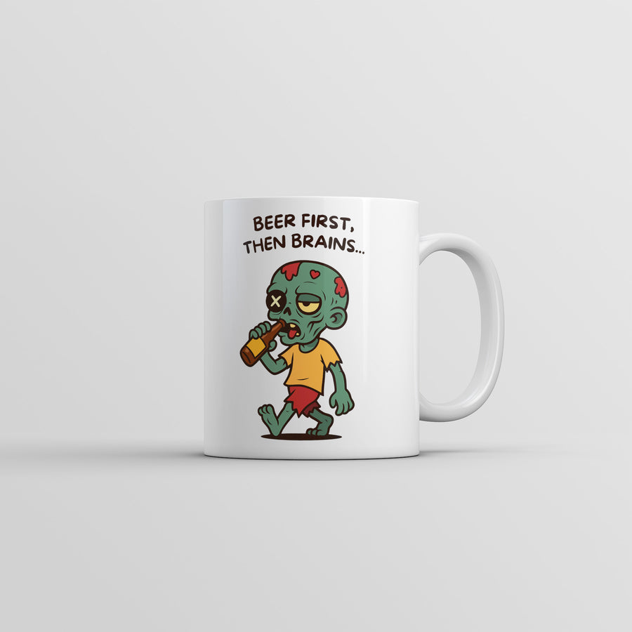 Funny White Beer First Then Brains Coffee Mug Nerdy zombie beer Tee