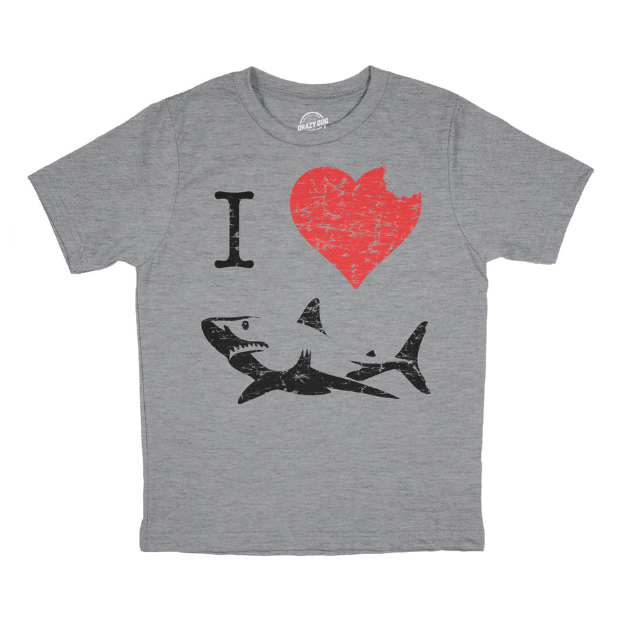 Funny Light Heather Grey I Love Sharks Youth T Shirt Nerdy Shark Week Tee