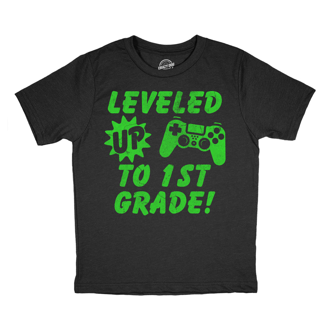 Funny Heather Black - Level Up 1st Leveled Up To 1st Grade Youth T Shirt Nerdy Video Games Tee
