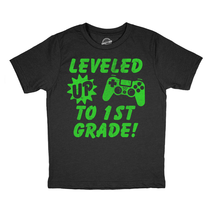 Funny Heather Black - Level Up 1st Leveled Up To 1st Grade Youth T Shirt Nerdy Video Games Tee