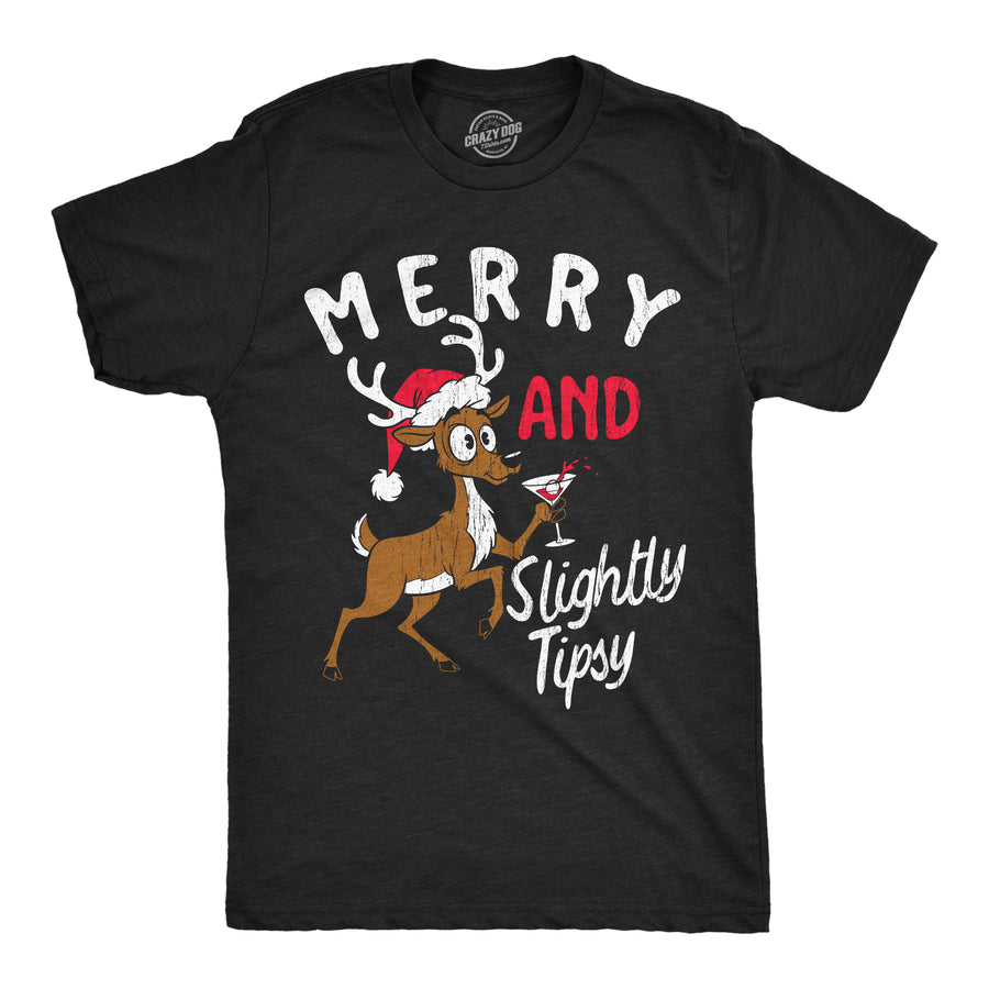 Funny Heather Black - Merry Slightly Tipsy Merry And Slightly Tipsy Mens T Shirt Nerdy Christmas drinking Tee